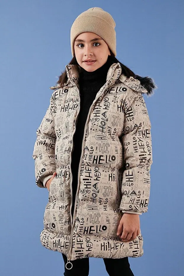 Детское зимнее пальто для девочек с принтом Faux fur text printed removable hooded plush lined winter coat girls child mon Lela, Beige