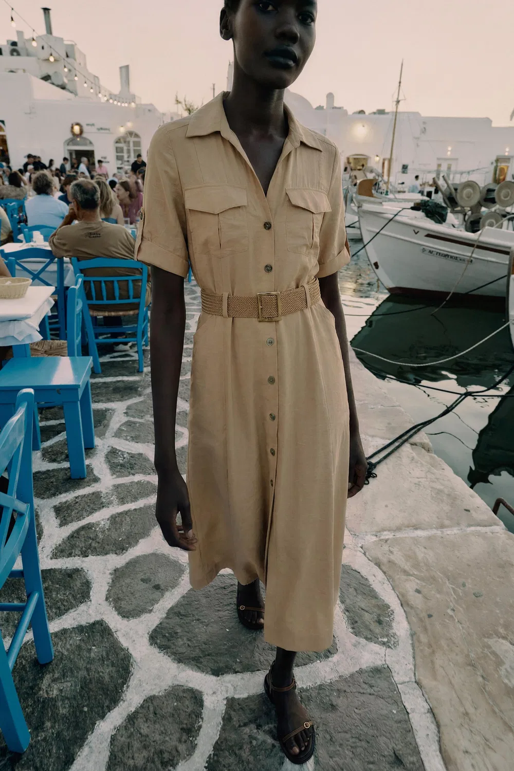 Платье-рубашка миди с поясом ZARA, camel