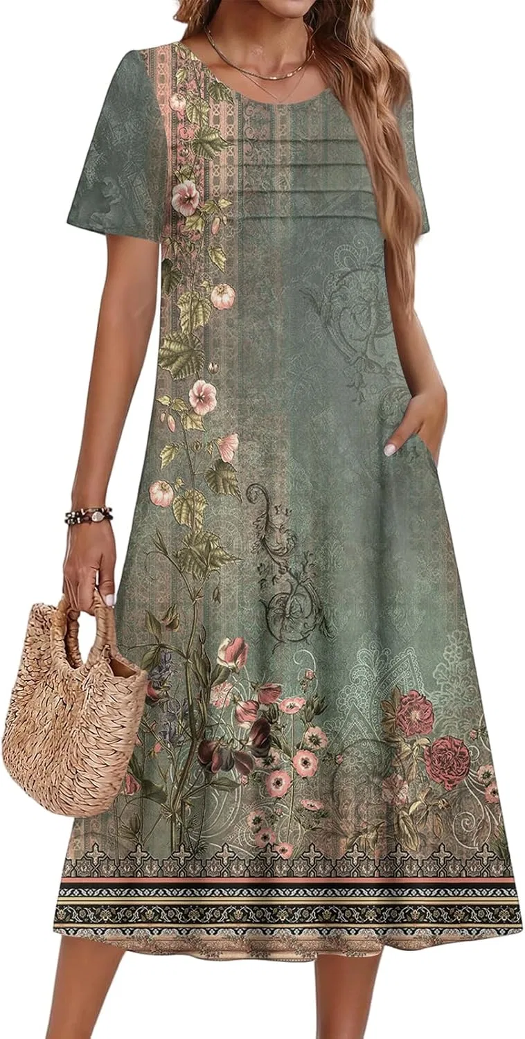 Женское повседневное платье А-силуэта с коротким рукавом и карманами, Dark Green