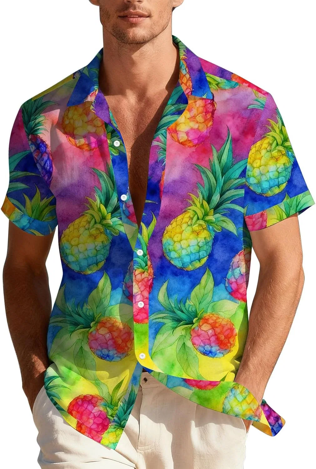 Мужская гавайская рубашка с принтом пальм и ананасов Button Down Casual Tee, Multicolor