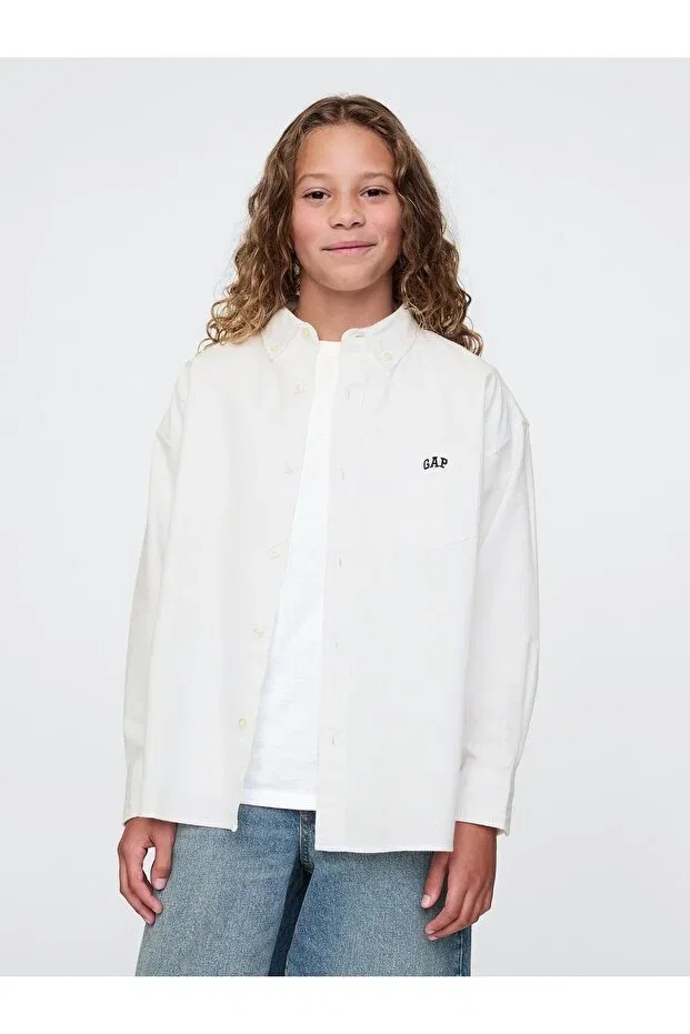 Детская рубашка для мальчиков с длинным рукавом с принтом Oxford Shirt Gap, White-000