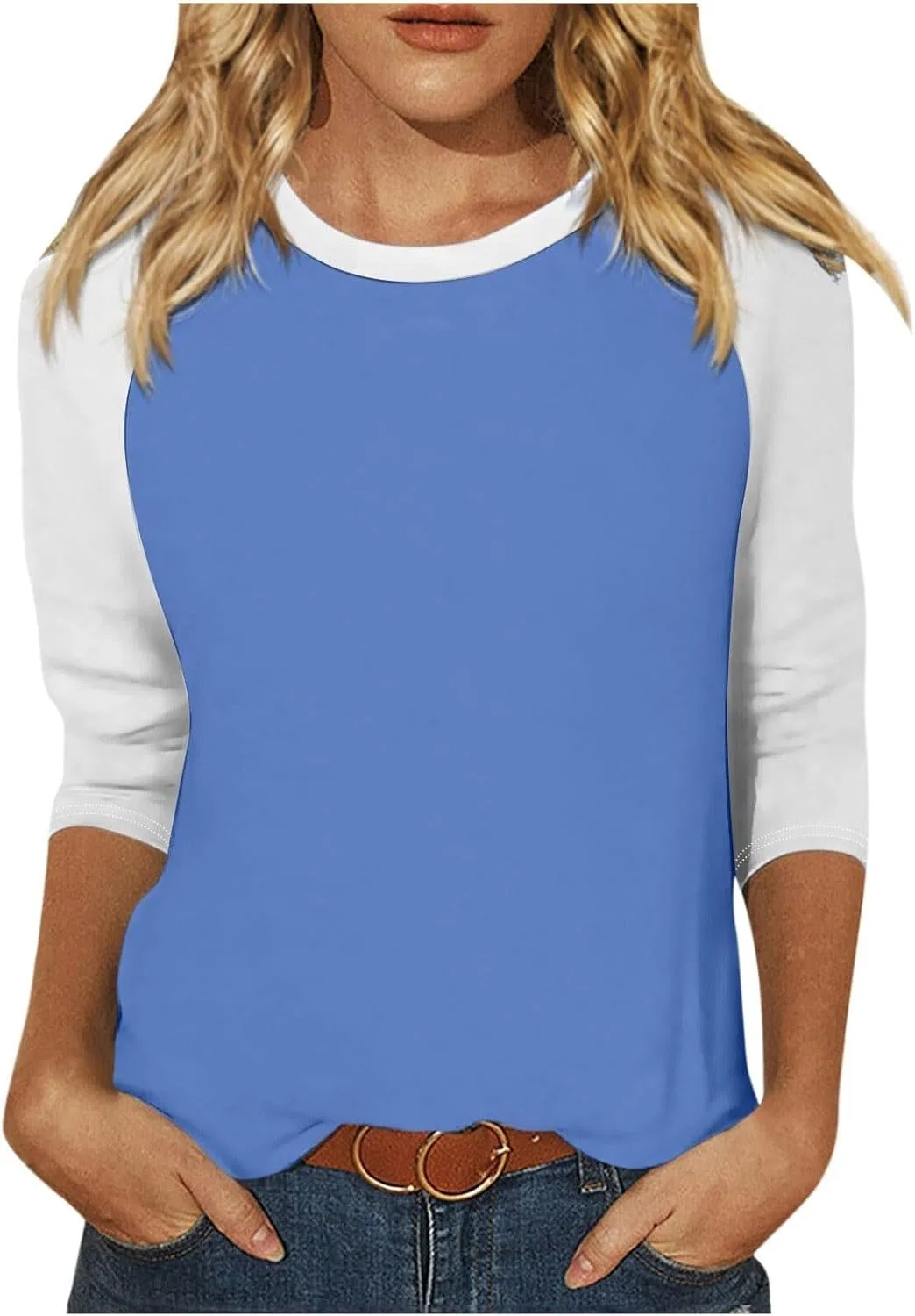 Женская футболка с рукавом 3/4 и цветовой блокировкой, Light Blue