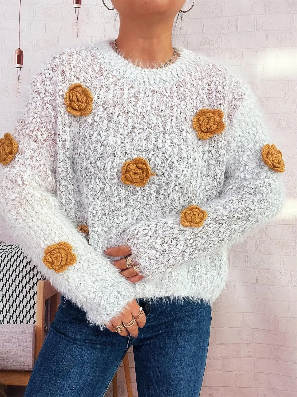 Женский свитер с 3D-аппликацией из цветов, Pastel Gradient Knit Pullover — фото 2