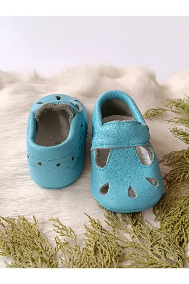 Детские пинетки для новорожденных кожаные Wizy baby blue genuine leather baby booties moccasin Hodore, Baby Blue — фото 3