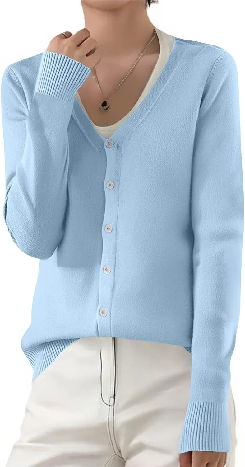 Женский кардиган легкий с V-образным вырезом, Cardigan Sweaters, голубой