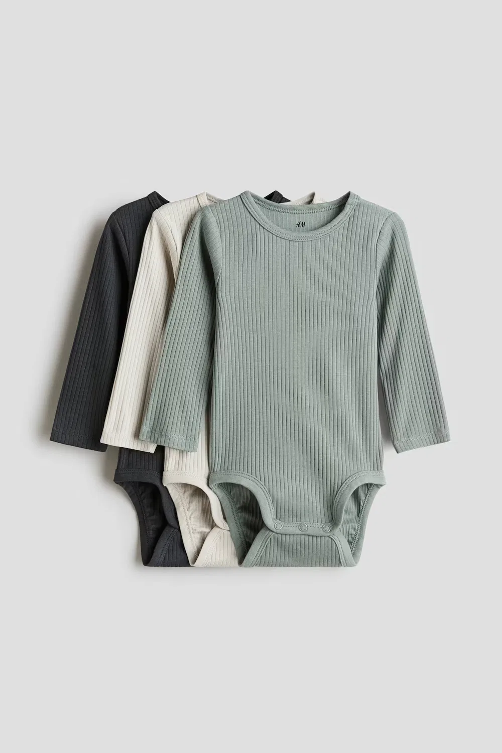 Комплект из 3 ребристых боди H&M, Mattgrün/Dunkelgrau