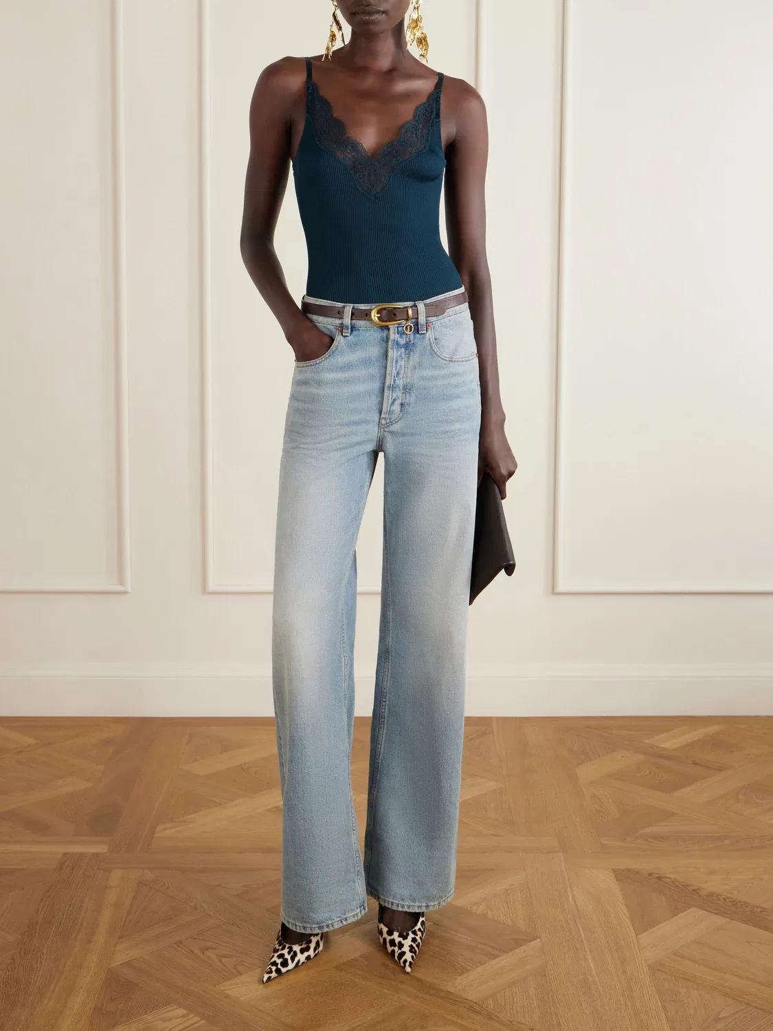 Футболка-майка из шелкового джерси в рубчик с кружевной отделкой SAINT LAURENT, бирюзовый — фото 2