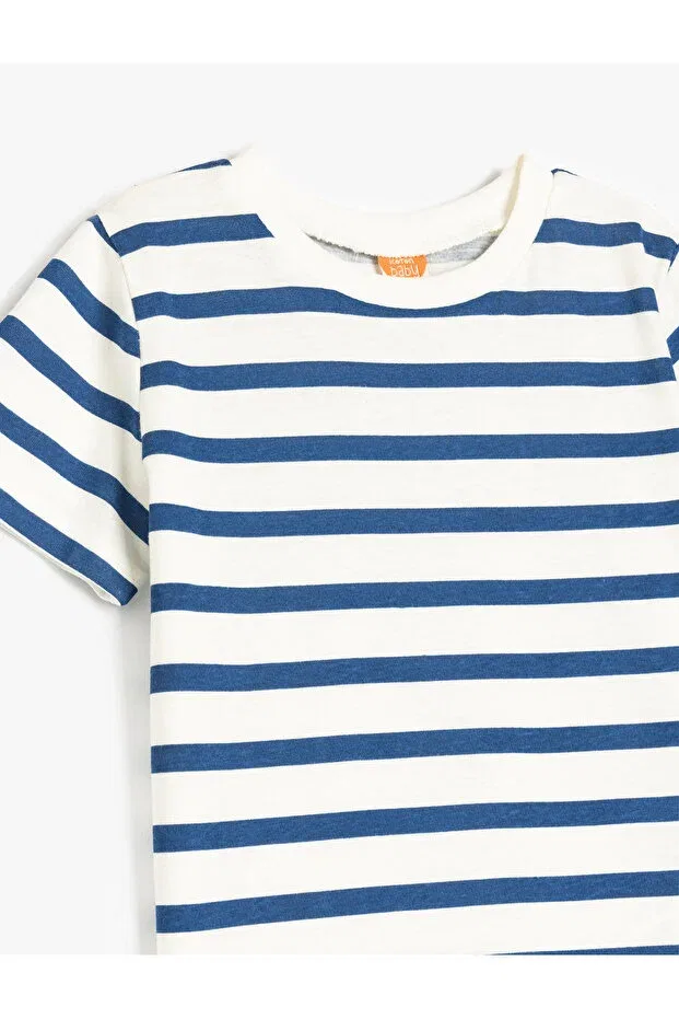 Детская футболка с принтом Striped Crew Neck Short Sleeve Cotton T-Shirt Koton, Ecru Striped — фото 3