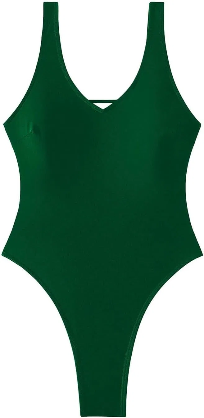 Женский цельный купальник с V-образным вырезом Seamless, Dark Green — фото 3