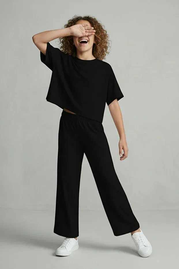 Детские широкие брюки для девочек хлопковые Lumy Combed Cotton Colorinas, Black — фото 2