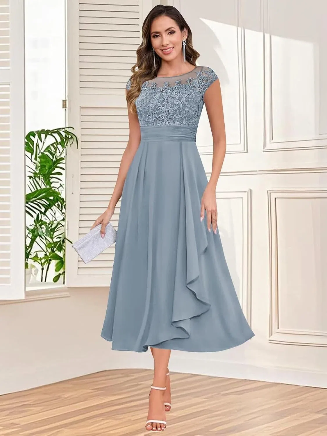 Женское платье для матери невесты с кружевными аппликациями YH88, Light Blue — фото 3