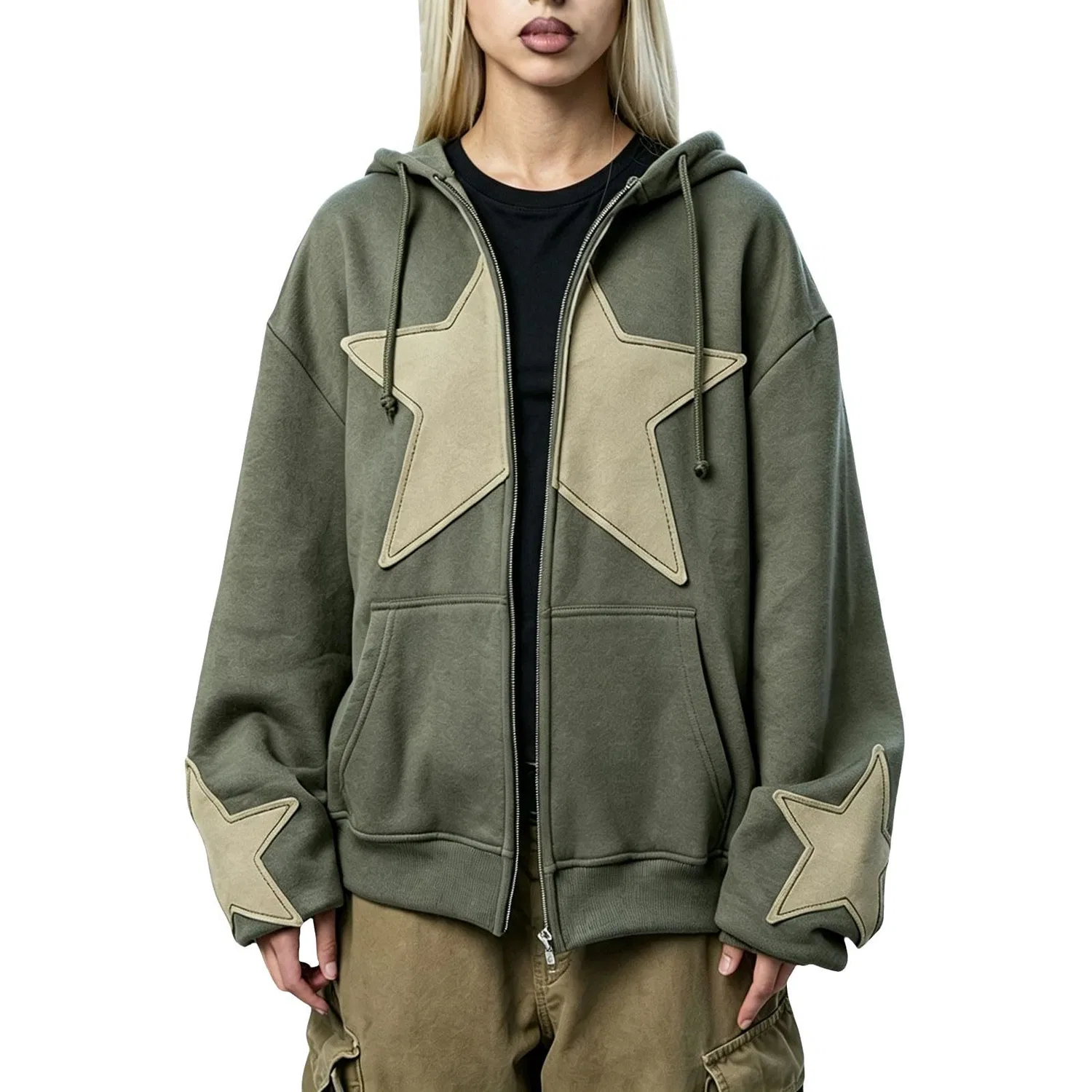 Женская куртка с капюшоном и молнией Y2k Star Patchwork, 3-verde