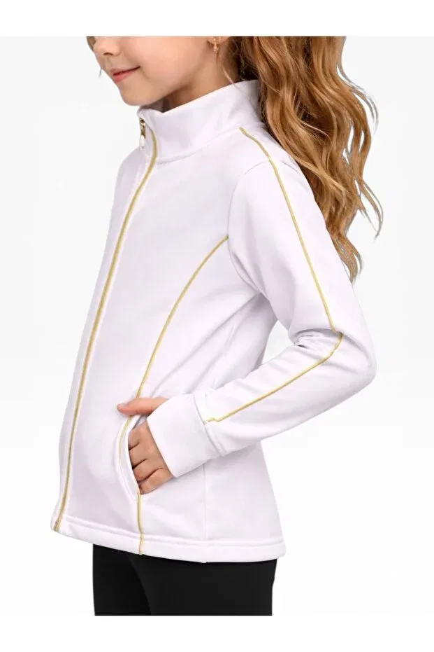 Детское для девочек спортивное худи с принтом Finger-Interlocking Gold Piping White Tracksuit Top She Can Wear, Gymnast Altın — фото 4