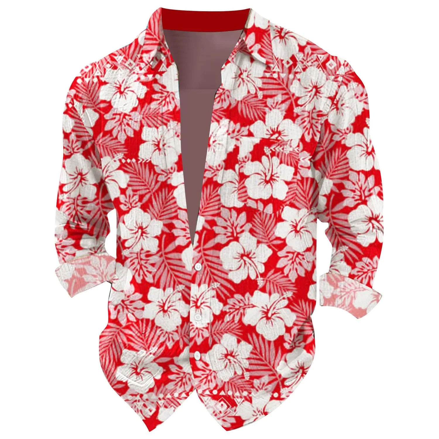 Мужская рубашка с принтом Summer Hawaiian Shirts Men Casual Loose Shirt Stand Collar Long Sleeve Shirt with Pocket Flower Beach Shirts Button Down Tops Regular Fit Holiday Tops, Red — фото 2