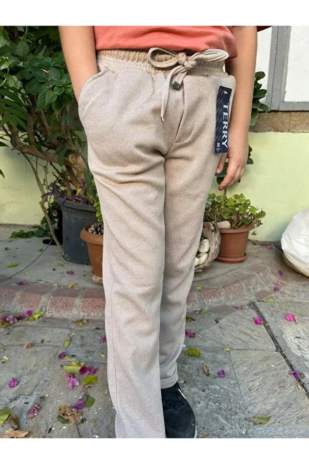 Детские спортивные штаны для девочек с карманами Terry, Beige — фото 3