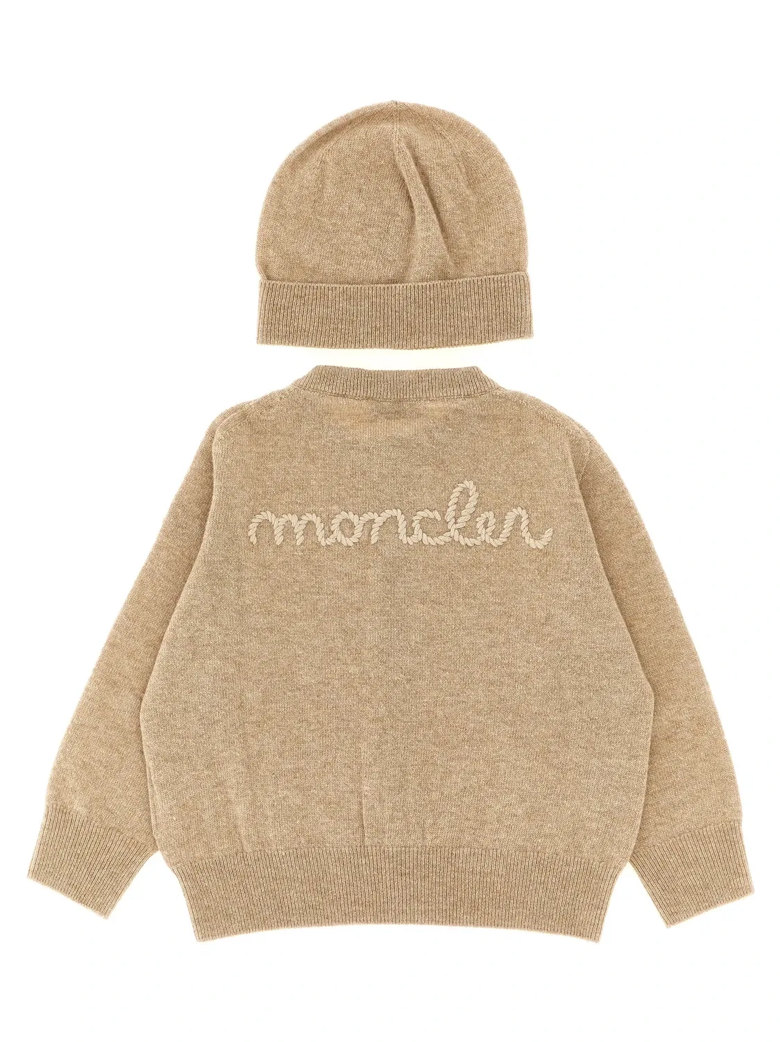 Комплект: кардиган и шапочка с вышитым логотипом Moncler Enfant, бежевый — фото 2