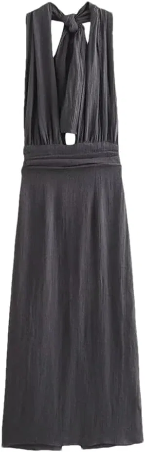 Женское платье с открытой спиной и завязками V-образный вырез, Dark Gray9