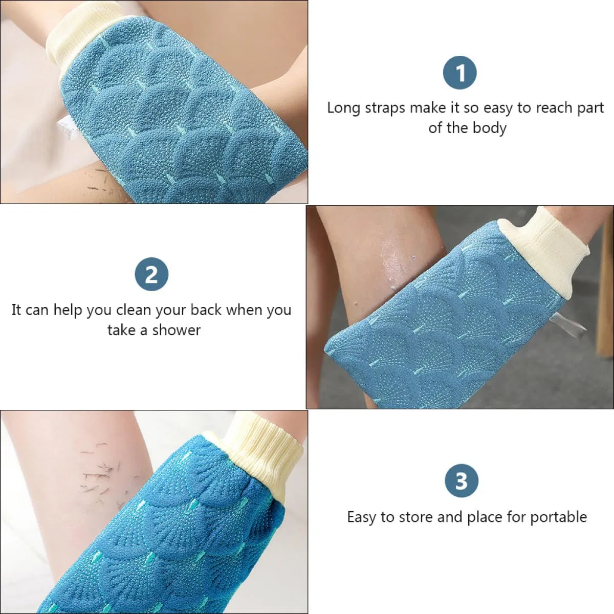 Набор для душа Peeling, Ciieeo, 3 предмета: перчатка, мяч, полотенце, 80x9x1 см, Синий — фото 4