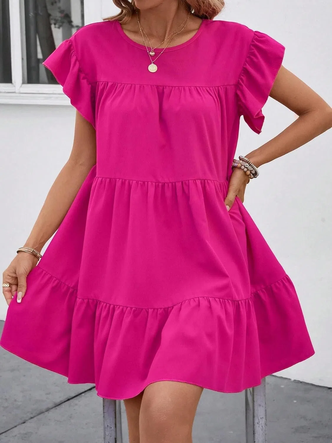 Женское платье миди с воланами, свободного кроя, Hot Pink — фото 3