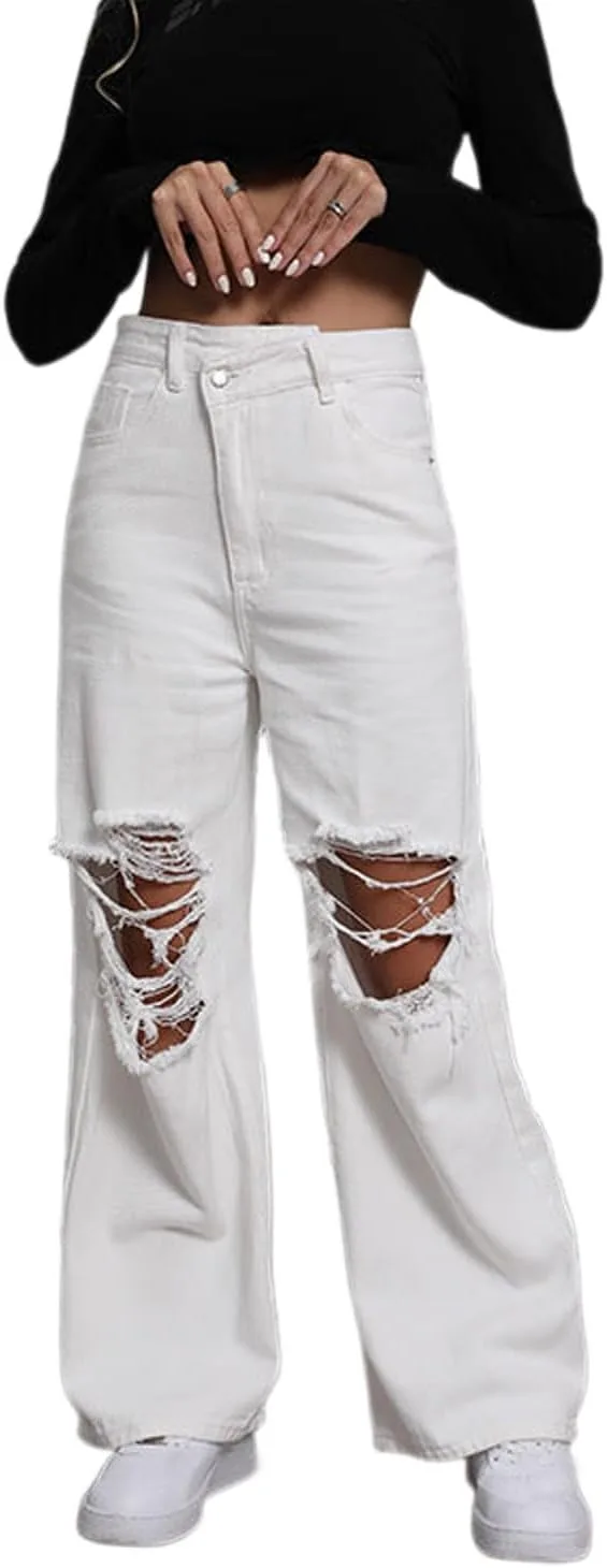 

Высокие расклешенные джинсы для женщин Stretchy с разрезами и потертостями