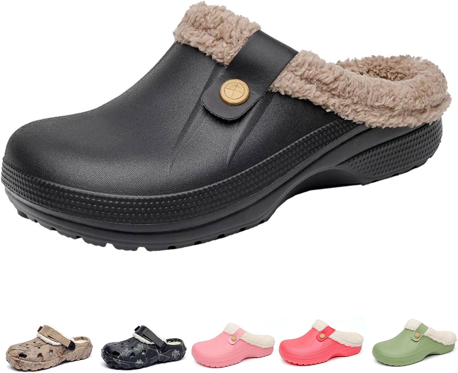 

Женские и мужские сабо с меховой подкладкой, удобные зимние водонепроницаемые тапочки, модные тапочки на низком ходу, теплые, нескользящие, для сада, легкие домашние и мюли с мягкой флисовой подкладкой Toumov, черный