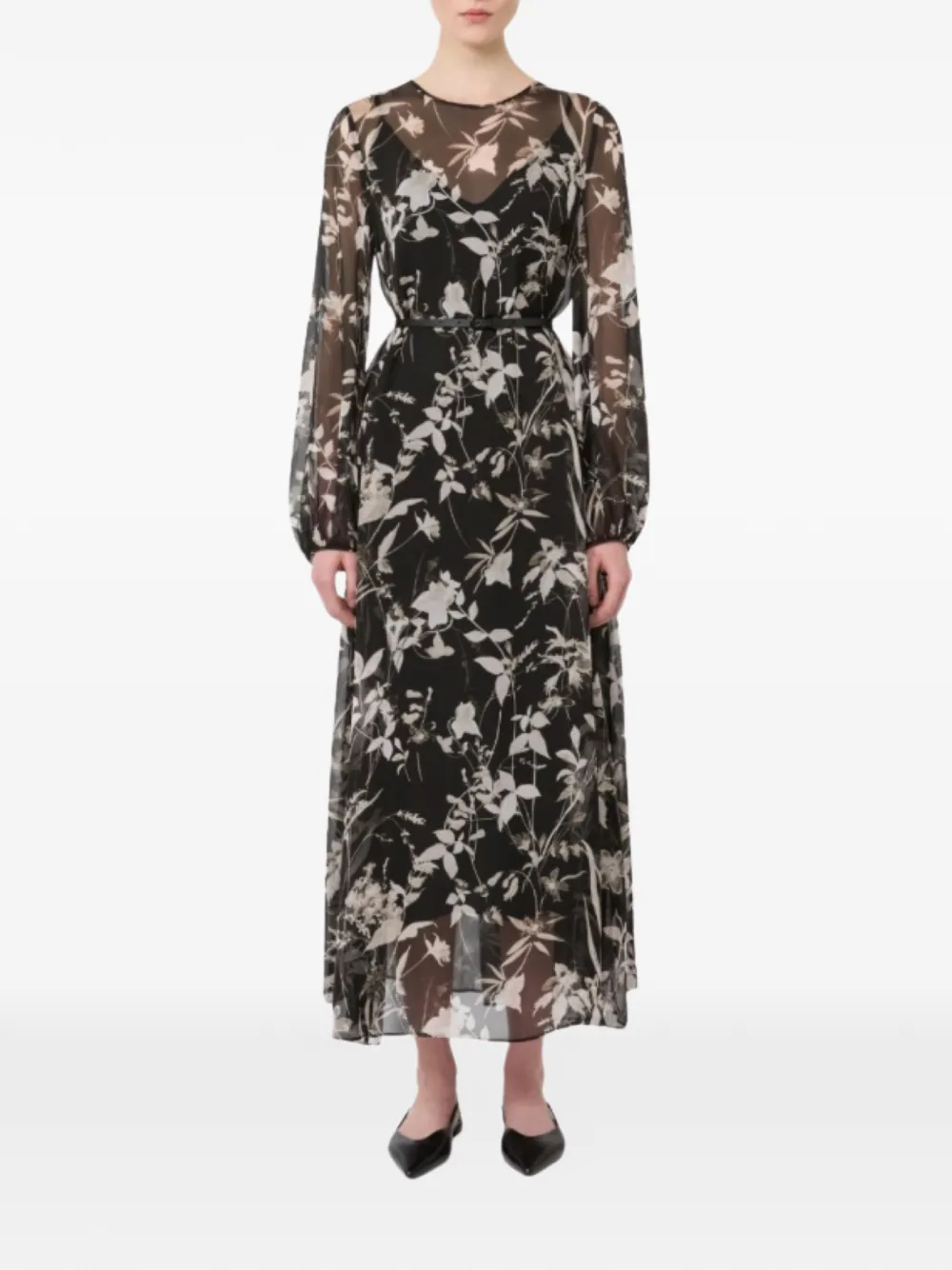 Миди-платье с цветочным принтом и поясом Max Mara, черный — фото 2