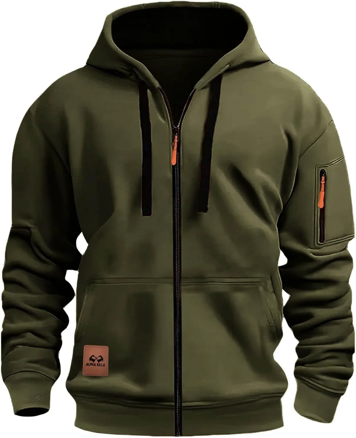 Мужская худи с капюшоном на молнии, флисовая, с карманом на рукаве, Army Green