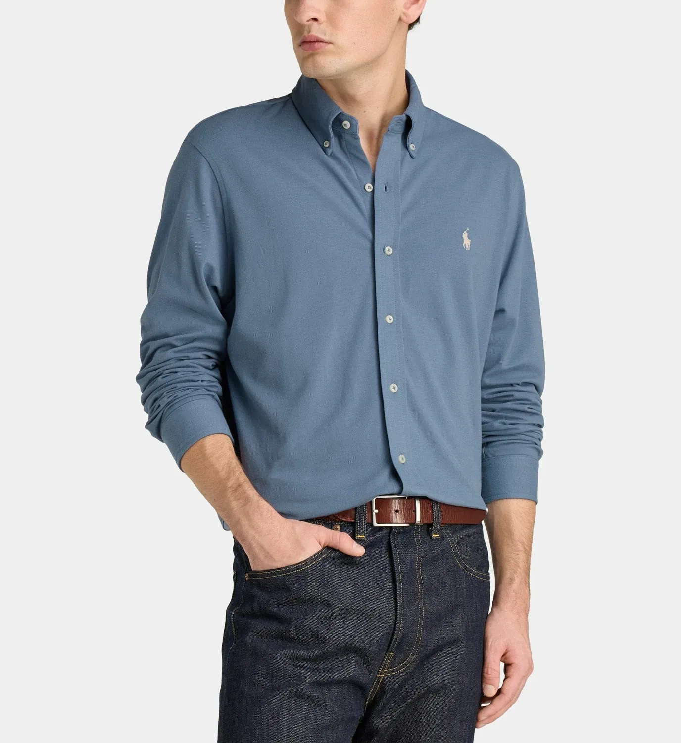Прямая рубашка из хлопковой сетчатой вязки POLO RALPH LAUREN, голубой
