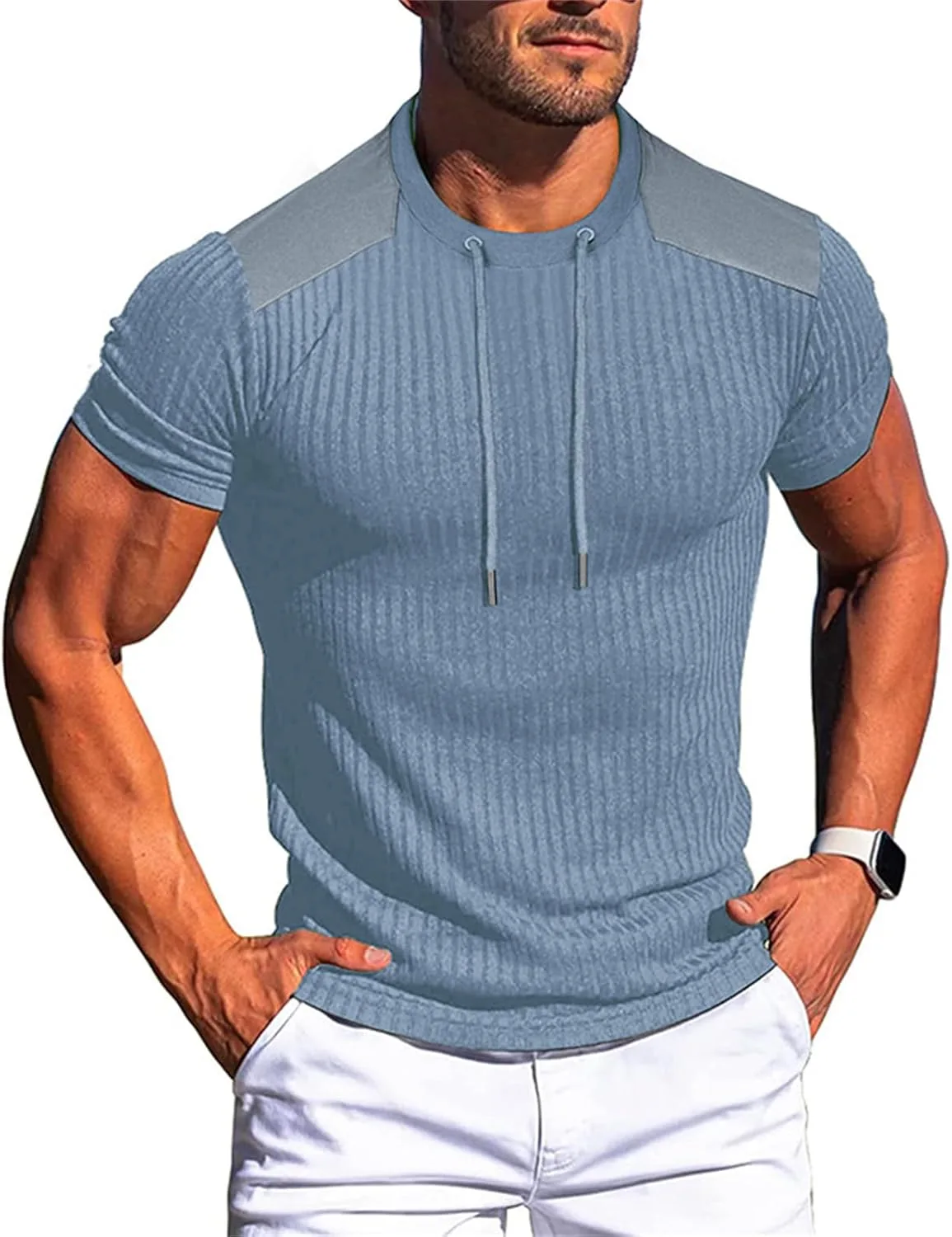 

Мужская футболка с коротким рукавом и круглым вырезом, рифленая, с кулиской на плече HYYGOCCTV