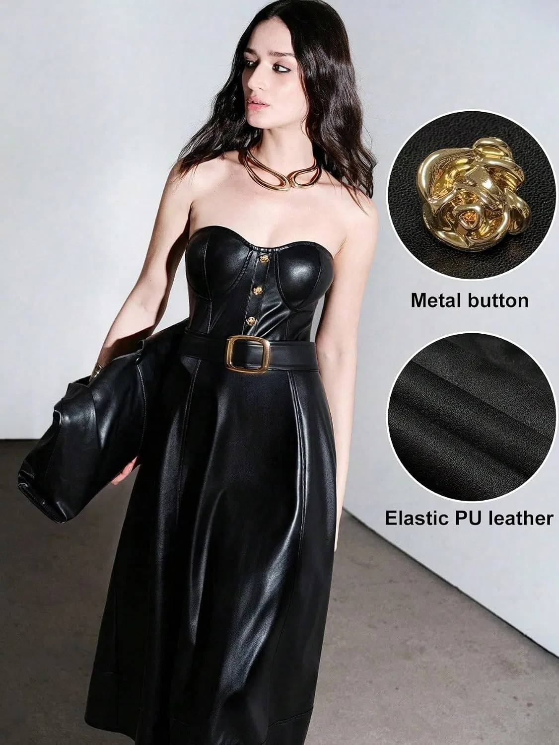 Женское повседневное платье миди A-силуэта с поясом PU Leather, Black — фото 4