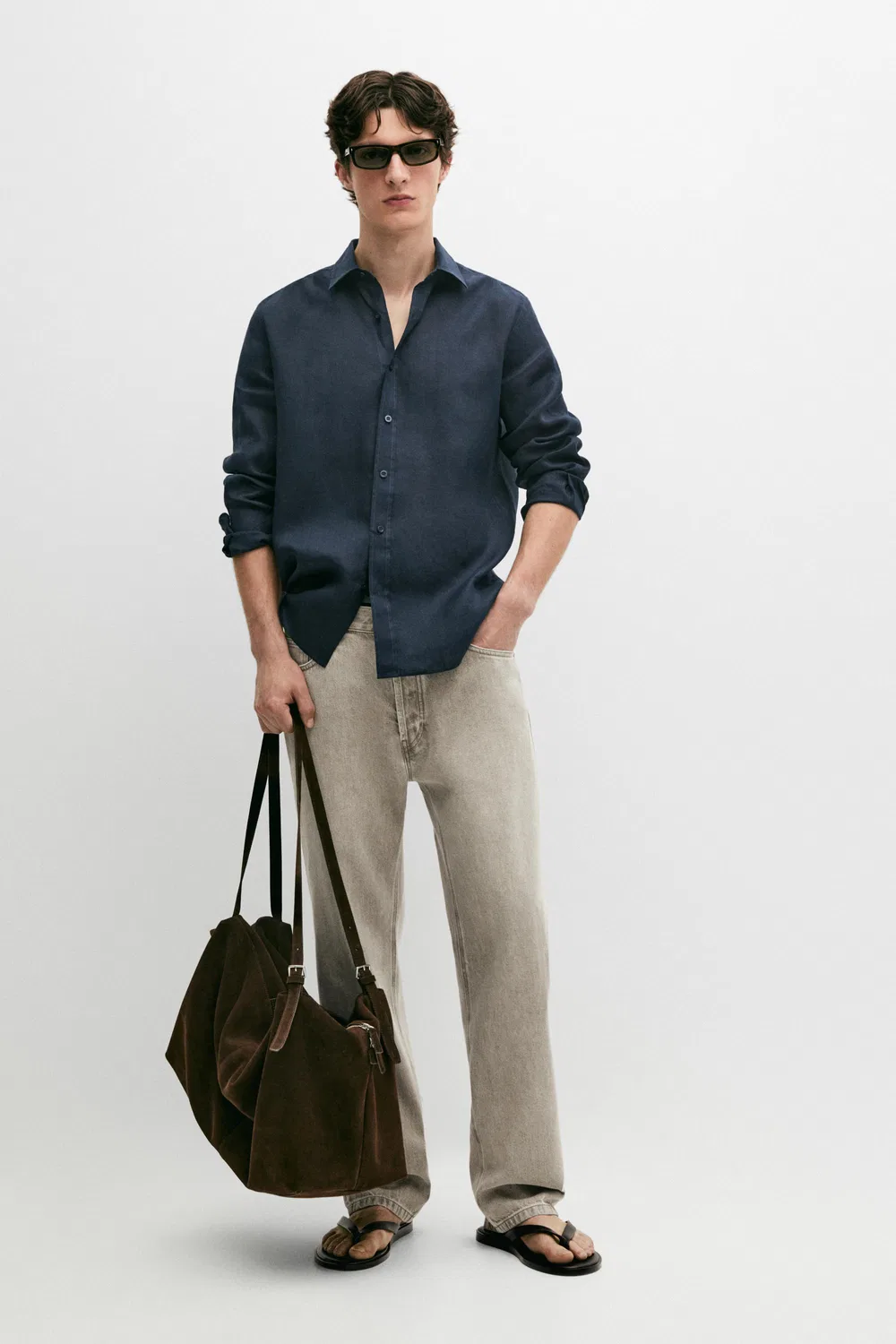 Рубашка приталенного кроя из 100% льна Massimo Dutti, темно-синий