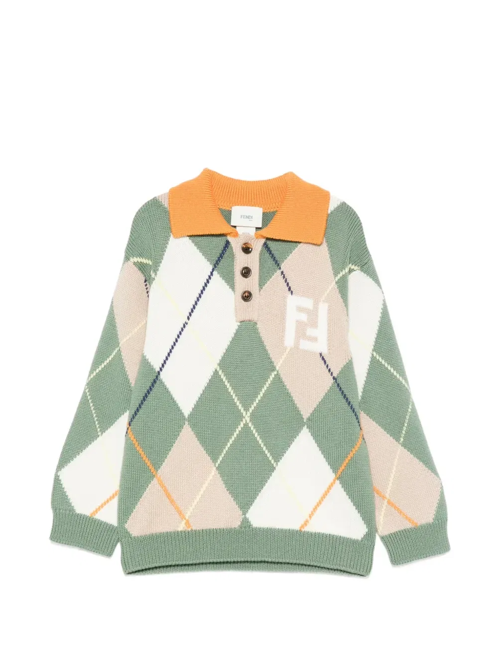 Шерстяной свитер с длинными рукавами и логотипом FF Fendi Kids, зеленый