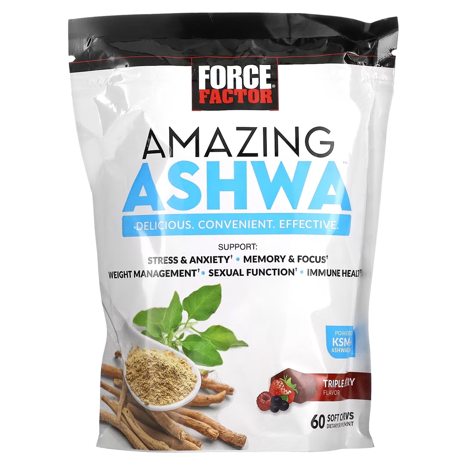 

Добавка Force Factor Amazing Ashwa, тройная ягода, 60 жевательных таблеток