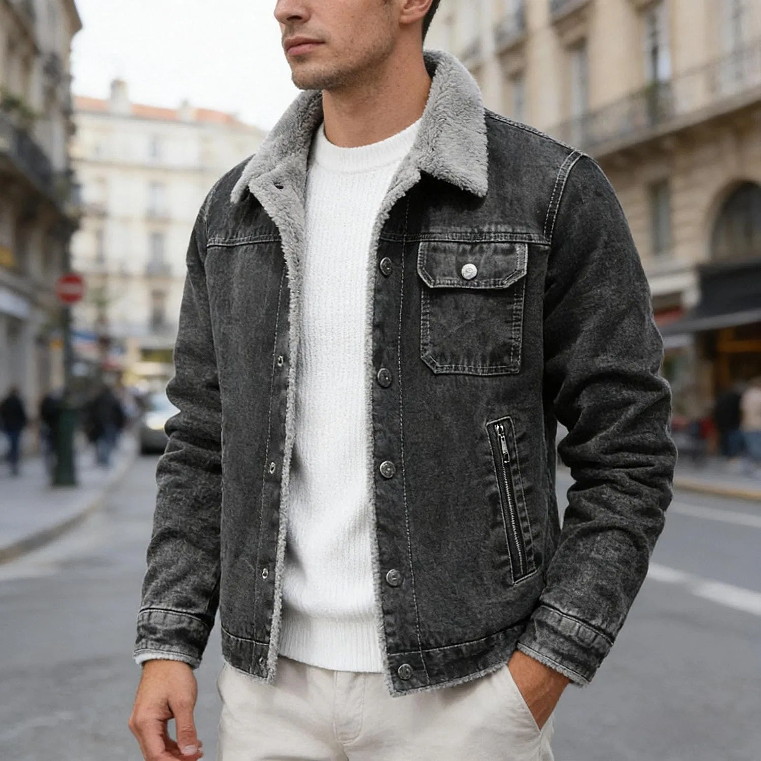 Мужская джинсовая куртка на флисе Slim Fit, серый — фото 3