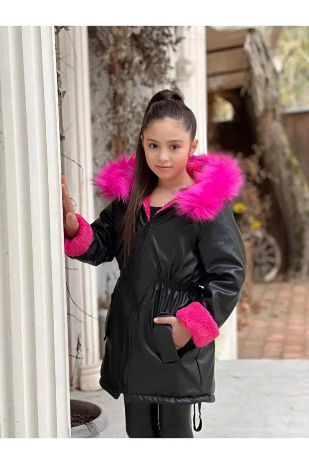 Детское пальто для девочек с капюшоном Black Leather Coat Dudor Kids, Black Fuchsia Pink — фото 2