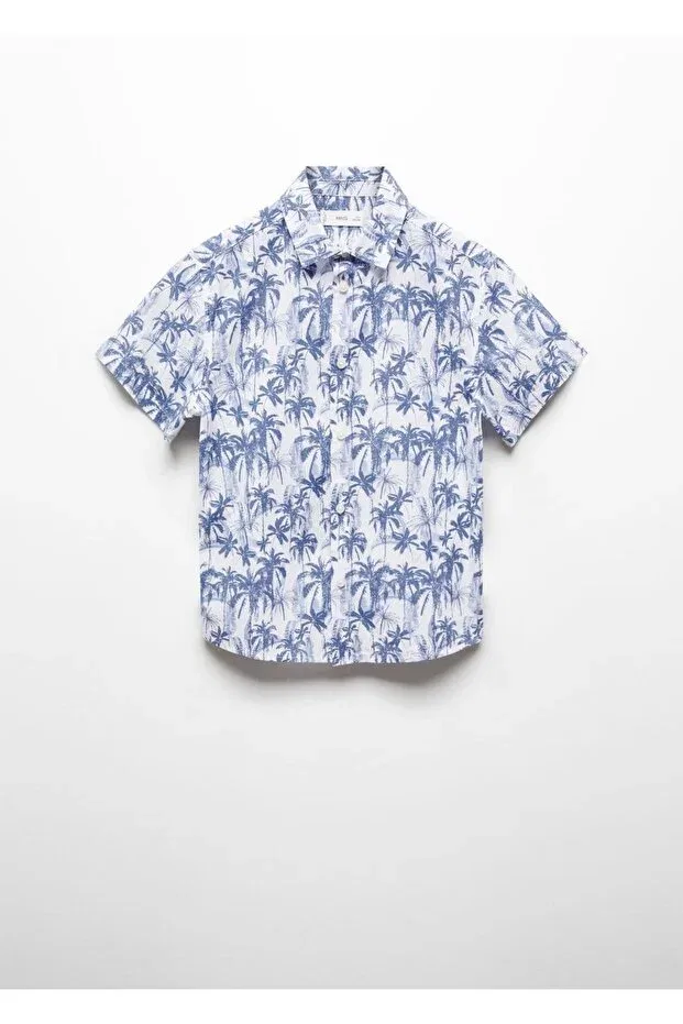 Детская рубашка для мальчиков с коротким рукавом Palm tree patterned shirt Mango Kids, China Blue — фото 3