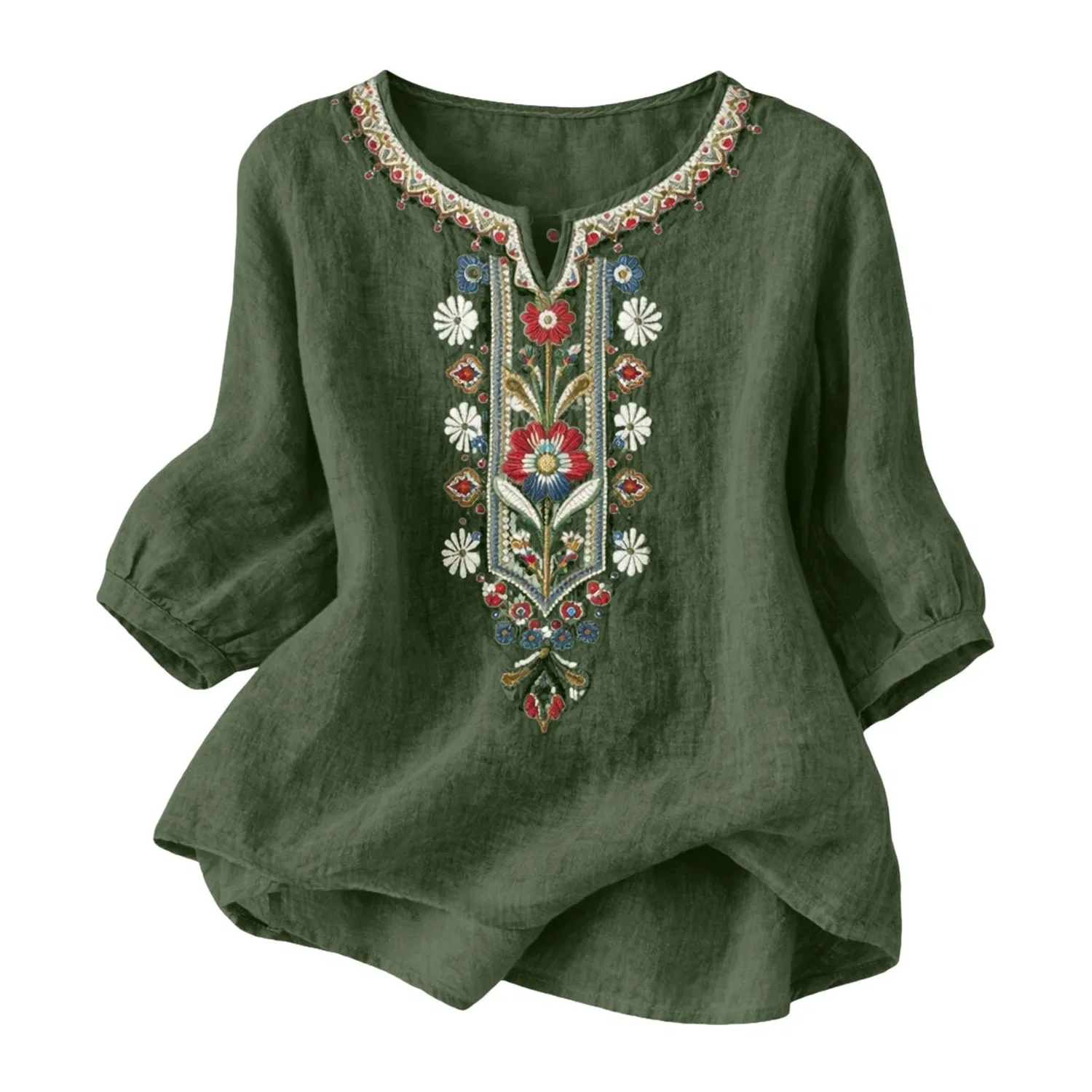 Женская блуза с цветочной вышивкой Ladies Elegant Tops UK 3/4 Sleeve Tops Women UK Cotton Linen Tunic Tops Women Floral Embroidery Boho Blouses Summer Elegant Casual Elegant Flowy Blouse T-Shirts Retro Holiday T-Shirts, Dark Green — фото 4