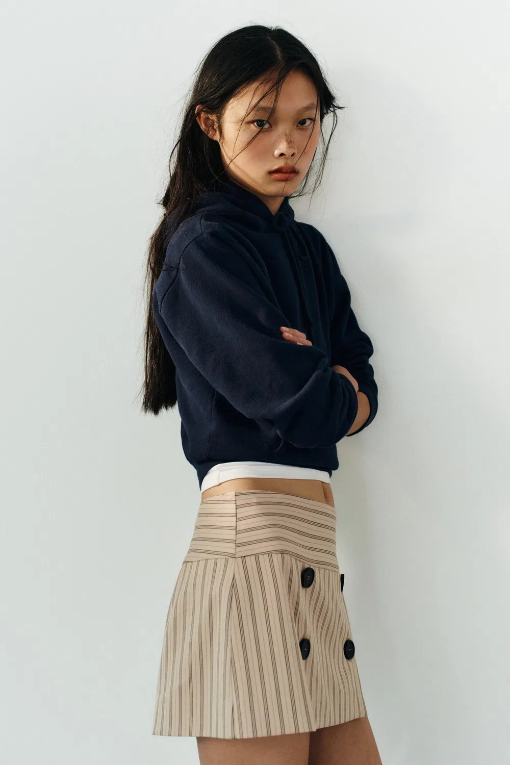 Шорты-юбка в полоску на пуговицах ZARA, Light brown — фото 4