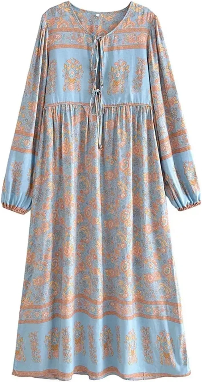 Женское летнее платье с фонариками рукавами в цветочек, Light Blue
