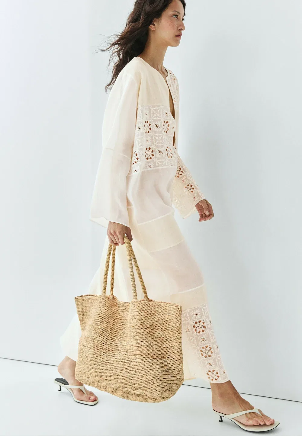Струящееся вышитое платье-кафтан - платье макси Massimo Dutti, White — фото 3