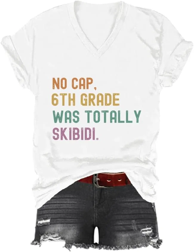 Футболка с принтом V-образным вырезом No Cap Totally Skibidi Teacher, White