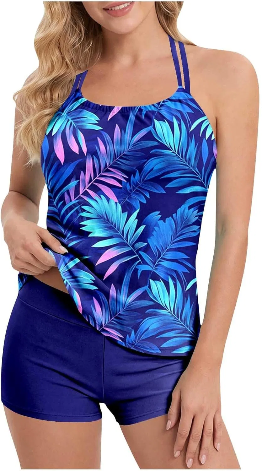 Женский купальный костюм с принтом Tankini Top и High Waisted Shorts, Multicolor