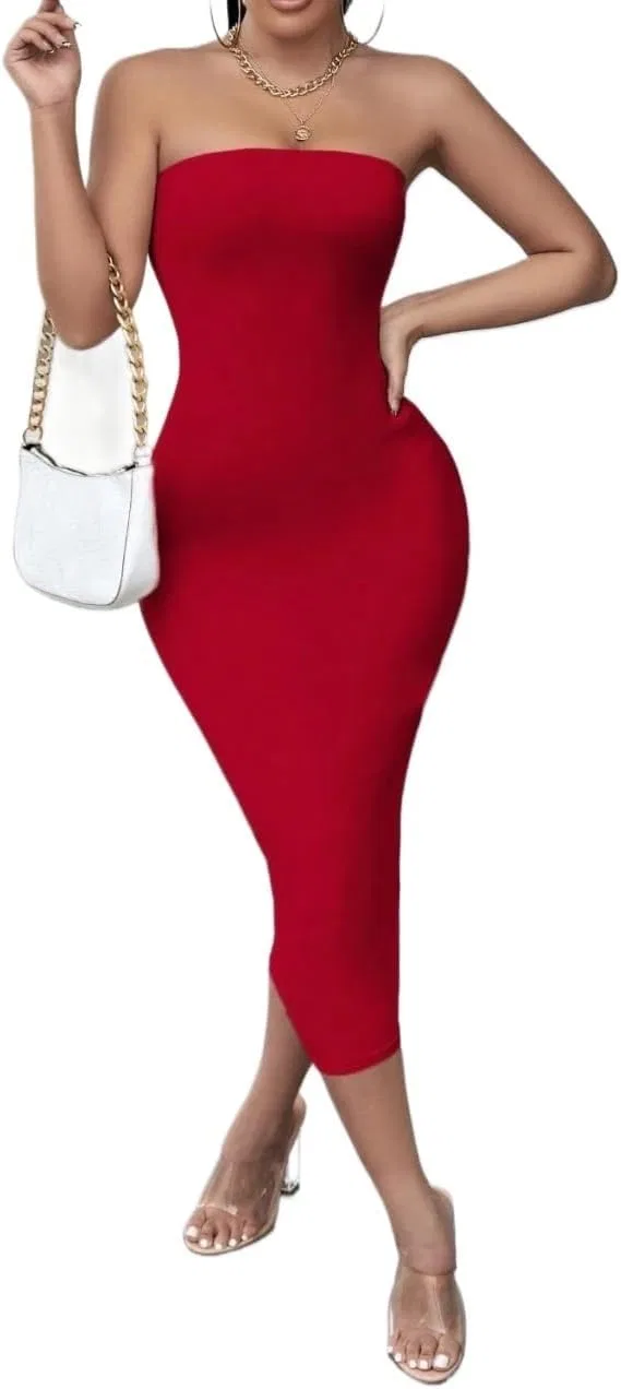 Женское миди-платье bodycon, асимметричное, без бретелек, Red