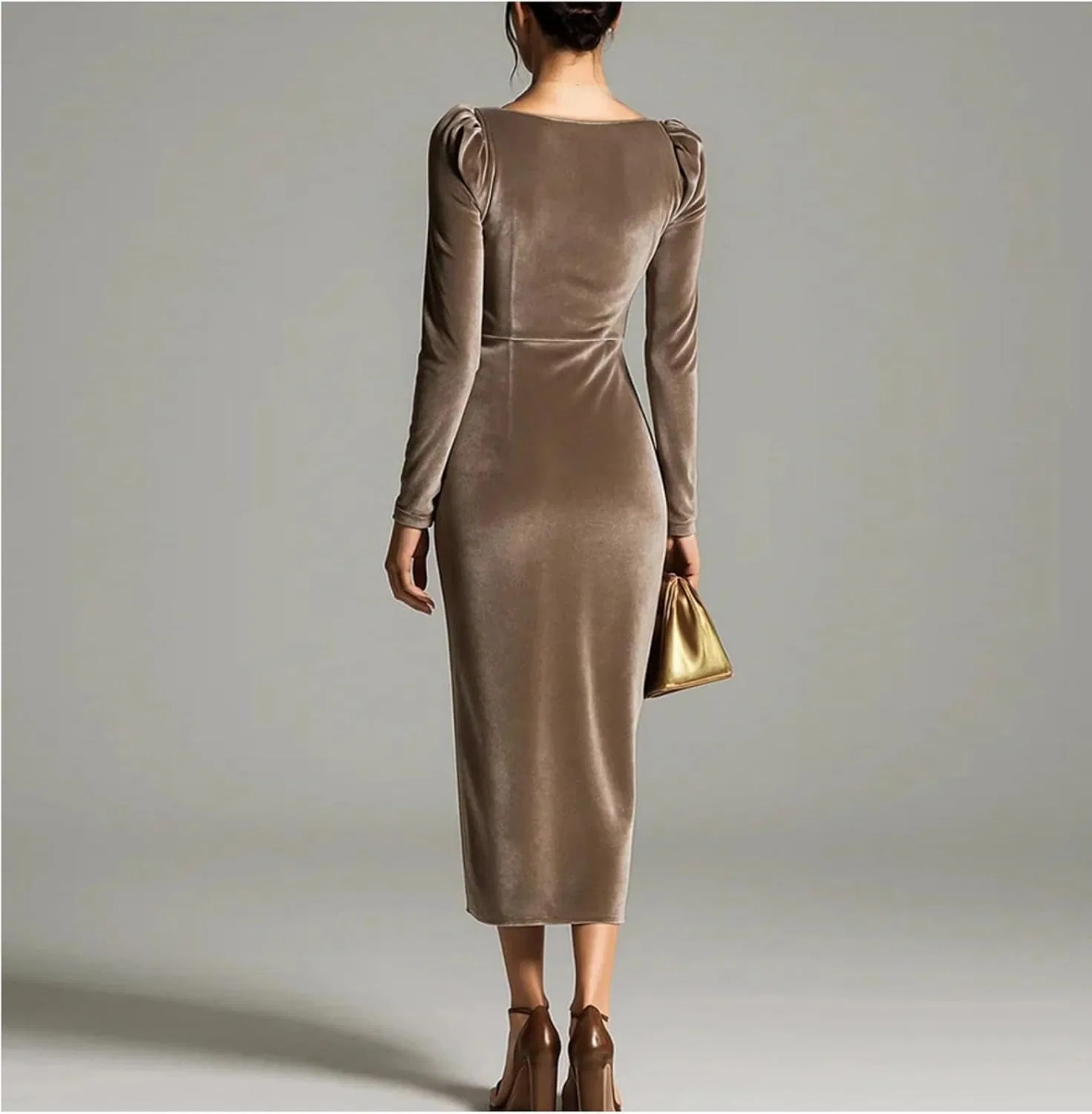 Женское вельветовое платье с запахом V-образным вырезом Bodycon, Reddish Brown — фото 3