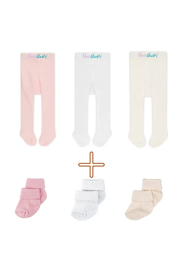 Детский комплект колготок и носочков с мягкой эластичной конструкцией Novibaby, White Ecru Pink