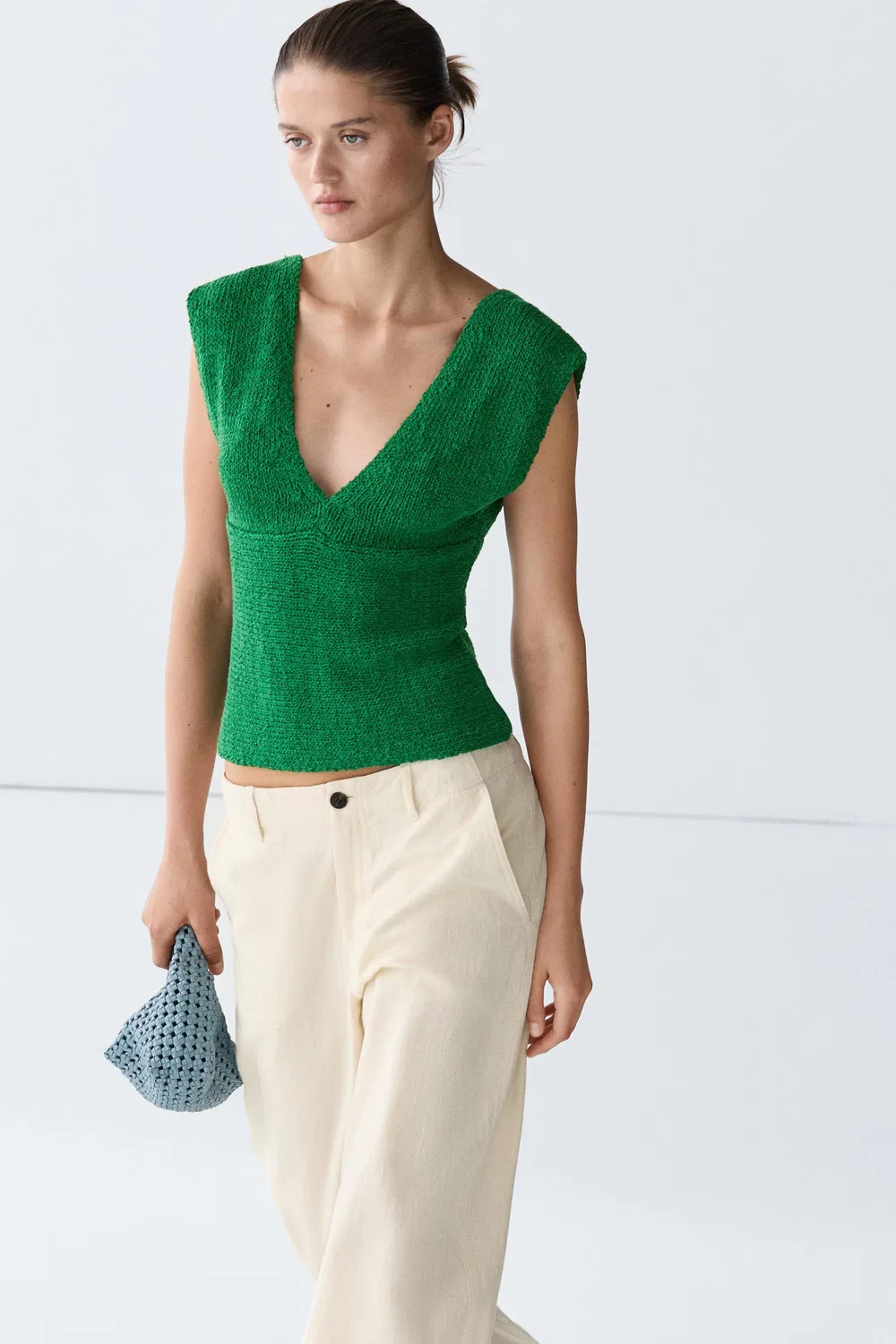 Топ Massimo Dutti Cotton Blend V-Neck Knit, зеленый