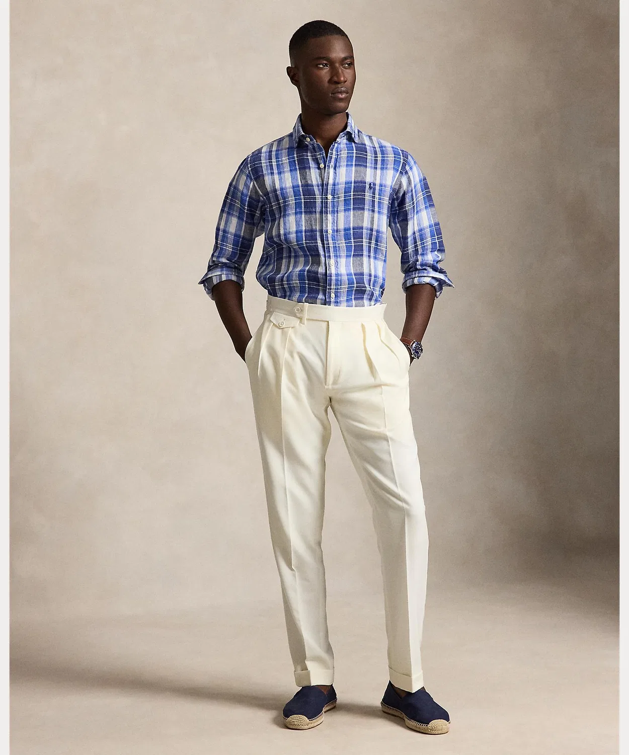 Мужская классическая рубашка с длинным рукавом клетчатая, из льна POLO RALPH LAUREN, Синий — фото 3