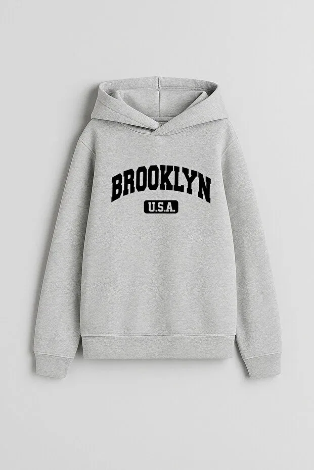 Детское худи для мальчиков с принтом Newyork Brooklyn Usa Printed Moda, Gray