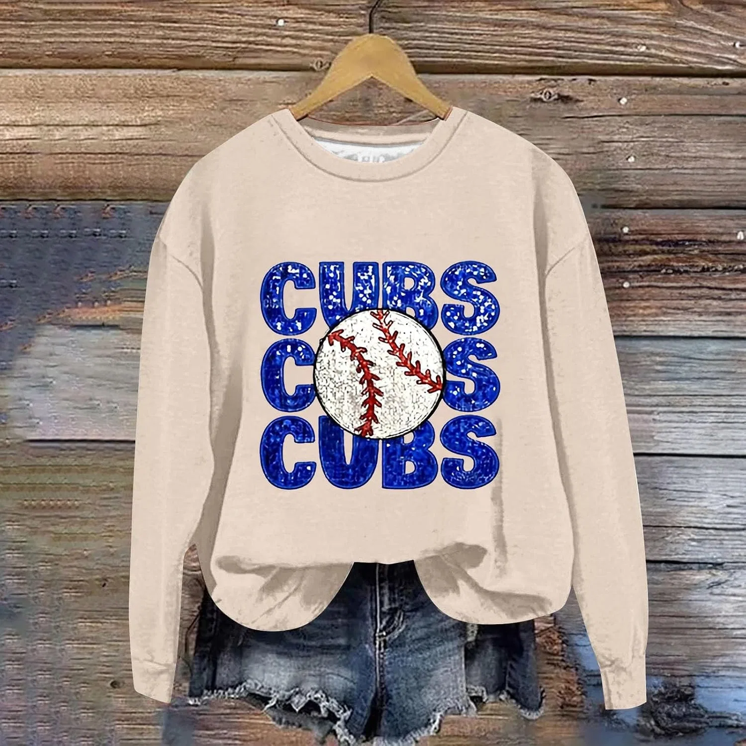 Женский свитшот с принтом Baseball Mom, Cubs, бежевый — фото 2