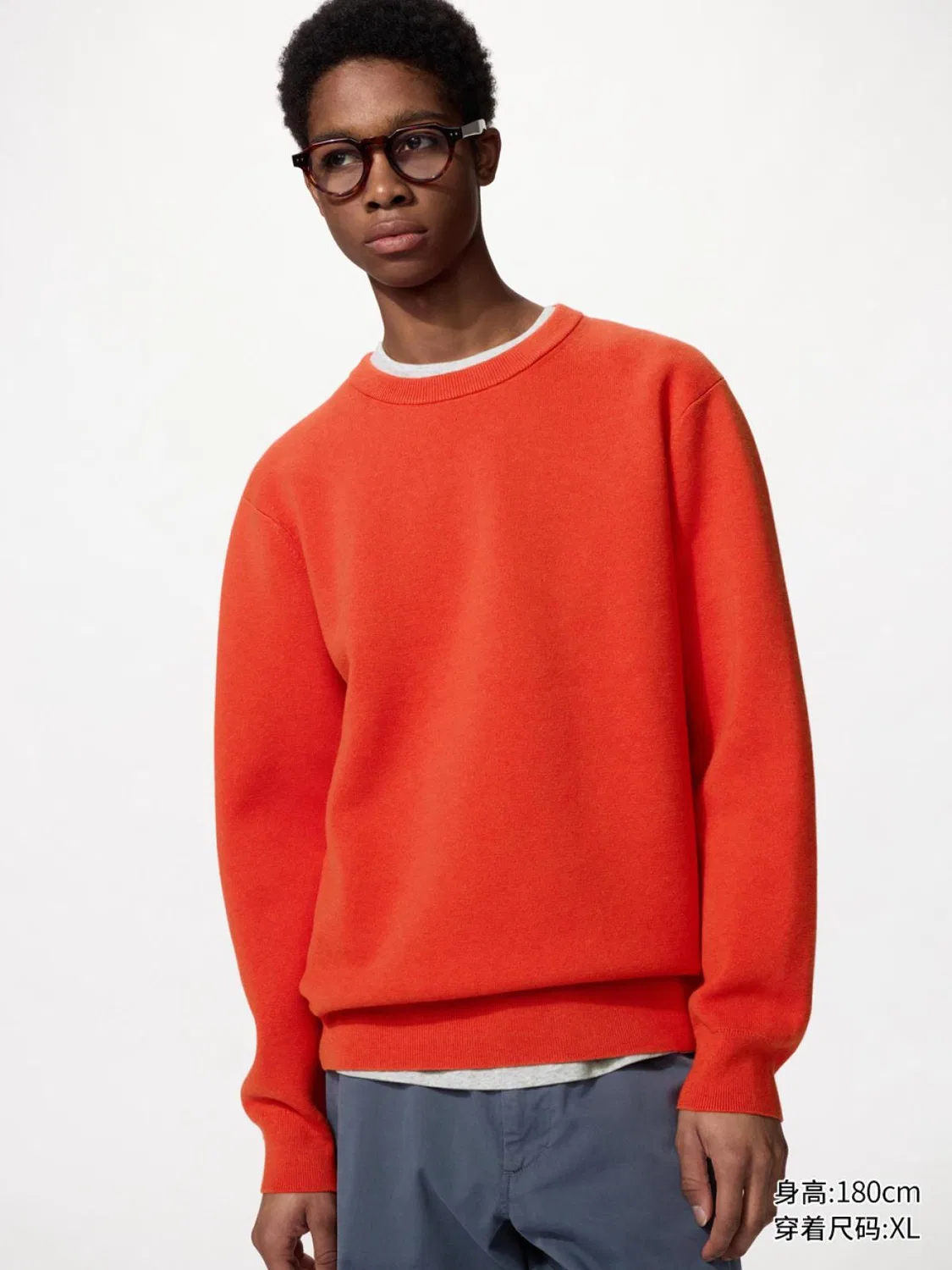 Свитер с длинным рукавом, ребристый круглый вырез, Uniqlo, оранжево-красный